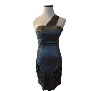 Bebe Womens Silk One Shoulder Ruched Bodycon Dress Size M Gray Y2K HOCO Cocktail